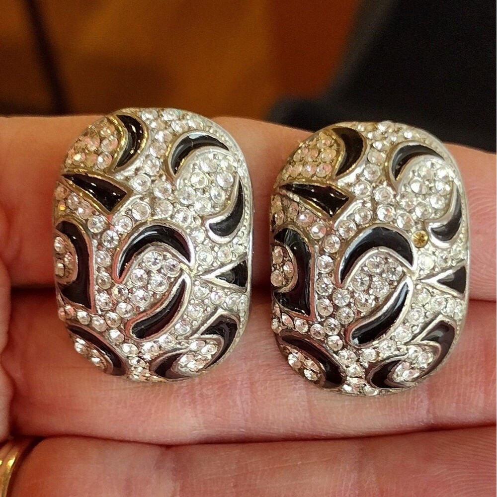 Black enamel Clear Rhinestone Pave Statement Clip on earrings vintage